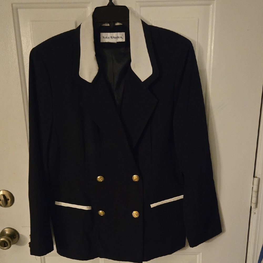 Vintage Norton McNaughton Black Blazer with Gold Buttons and White Trim